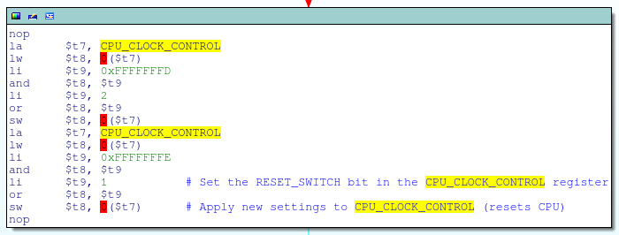 Setting the RESET_SWITCH bit in the CPU_CLOCK_CONTROL register